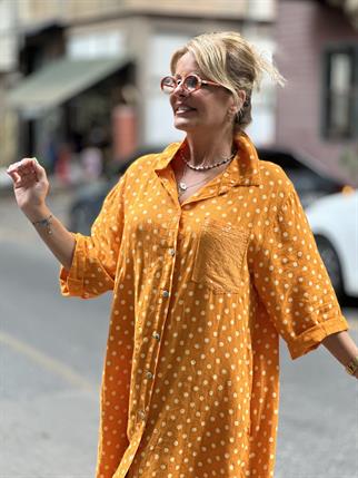 Turuncu İthal Puantiyeli Keten Elbise