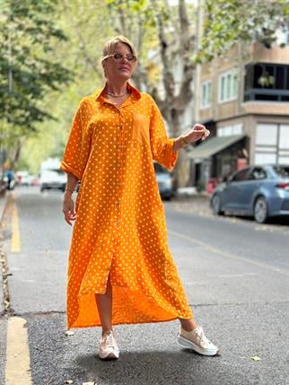 Turuncu İthal Puantiyeli Keten Elbise