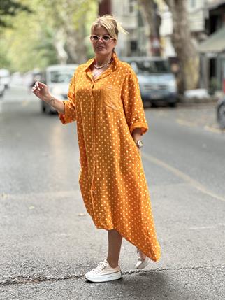 Turuncu İthal Puantiyeli Keten Elbise