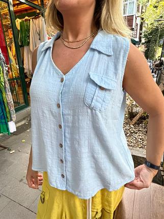 Yakalı Keten Yelek Bluz