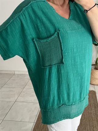 Yeşil File Detaylı Pamuk Keten Bluz