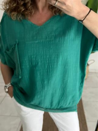 Yeşil File Detaylı Pamuk Keten Bluz
