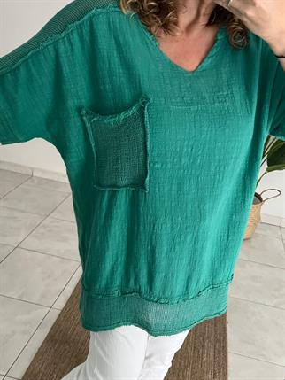 Yeşil File Detaylı Pamuk Keten Bluz