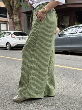 Yeşil İthal Çizgili Bol Paça Pantolon