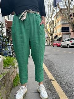 Yeşil Kemerli Keten Pantolon