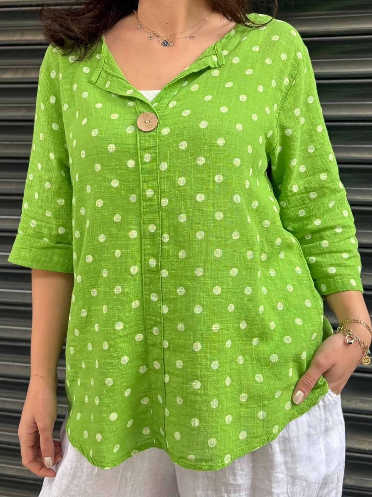 İthal Puantiyeli Düğme Detaylı Keten Bluz