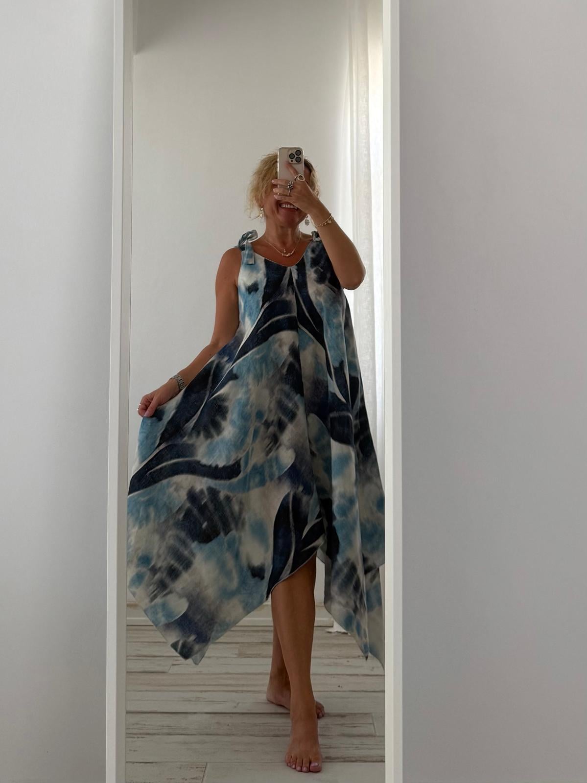 İthal Batik Asimetrik Keten Elbise