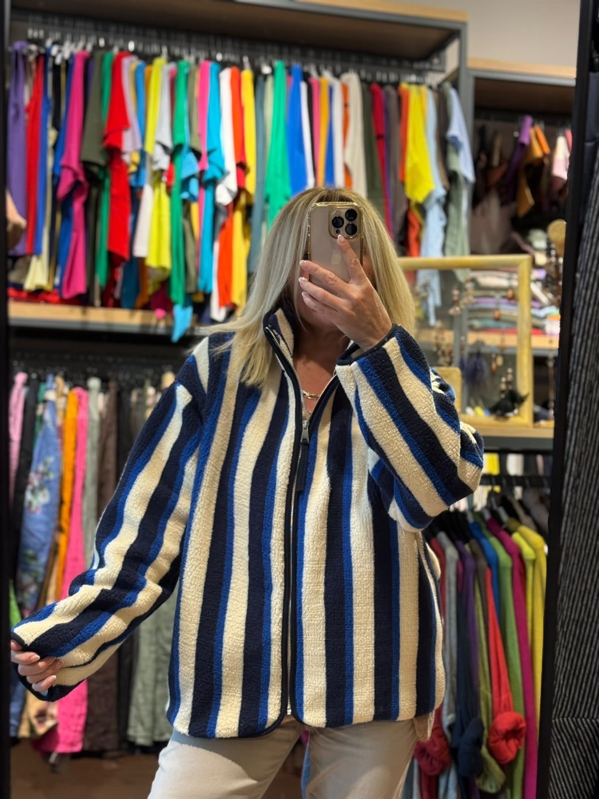 Saks Lacivert Çizgili Peluş Mont
