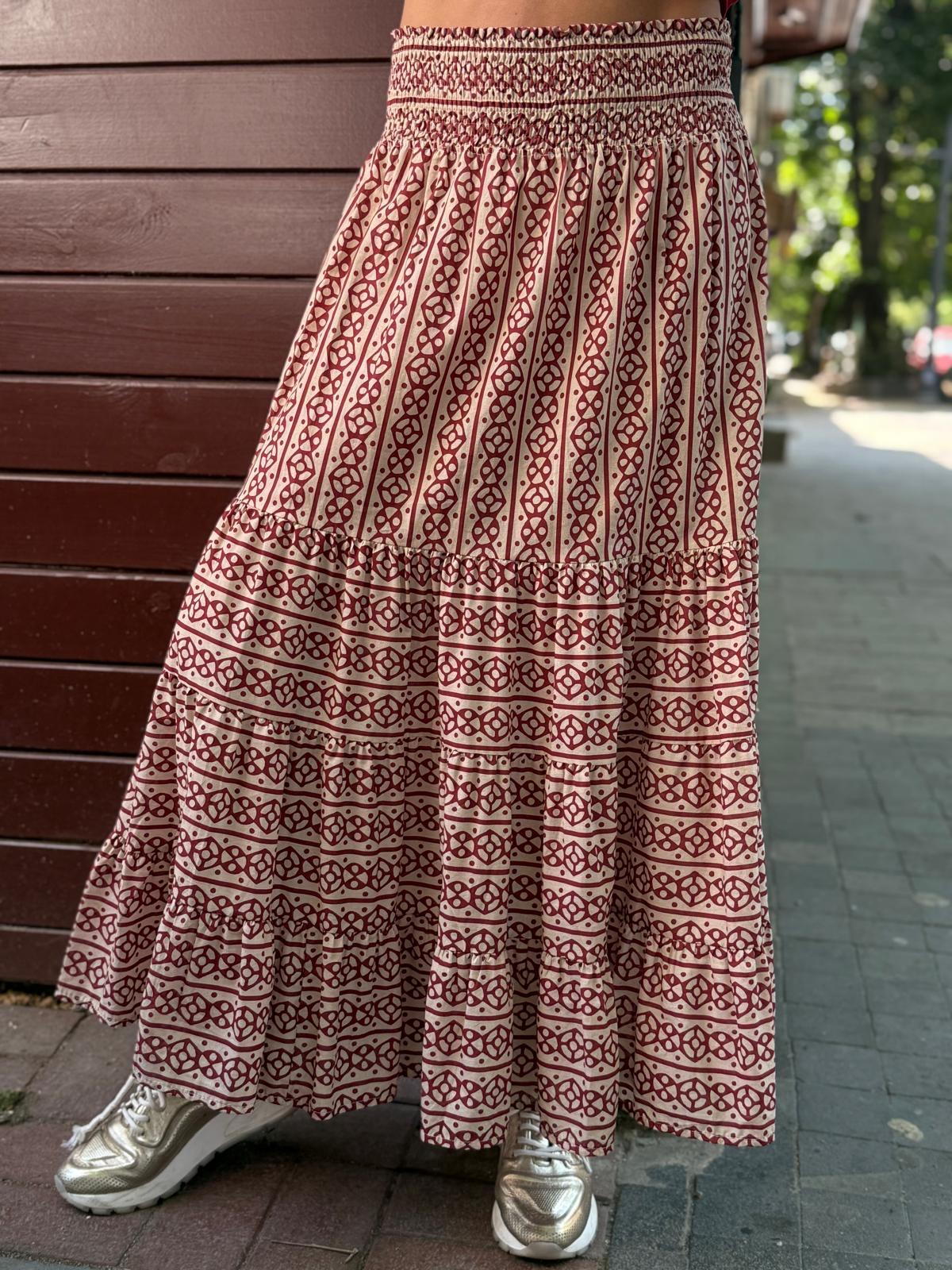 Bordo Desenli Vual Koton Uzun Etek