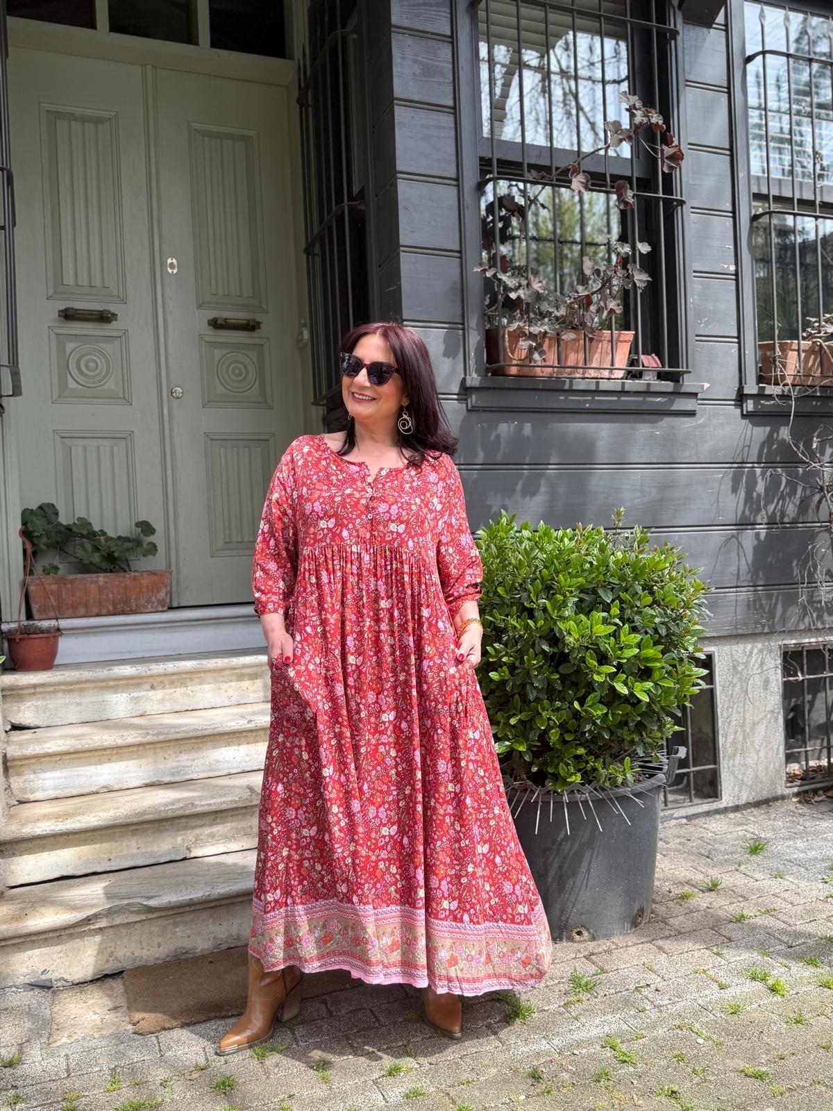 Kırmızı Çıtır Çiçekli Elbise