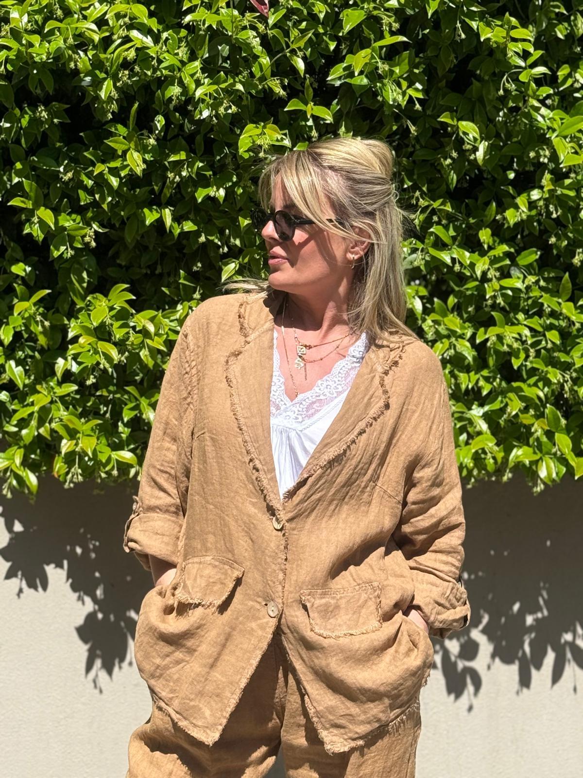 İthal Pis Dikişli Keten Blazer Ceket