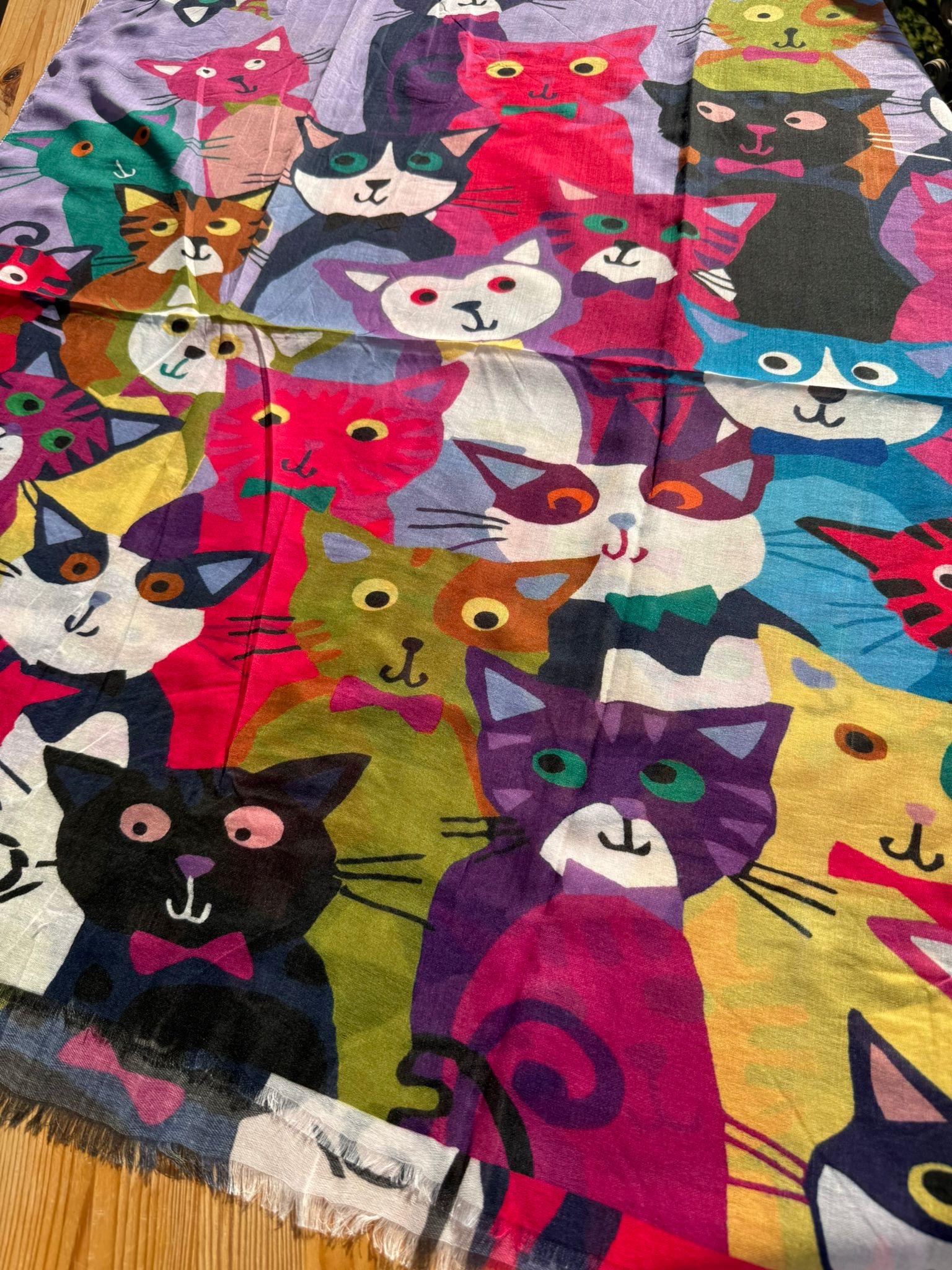 Lila Kedi Desenli Şal