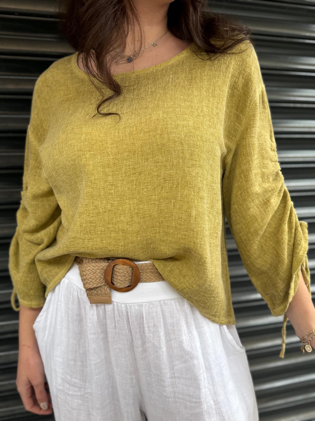 İthal Petek Dokulu Kolu Bağlamalı Keten Bluz