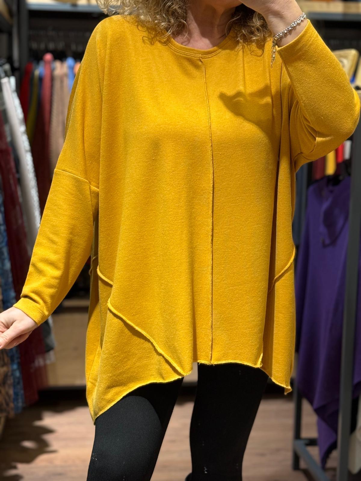 Hardal Ters Dikişli Oversize Simli Organik Bluz