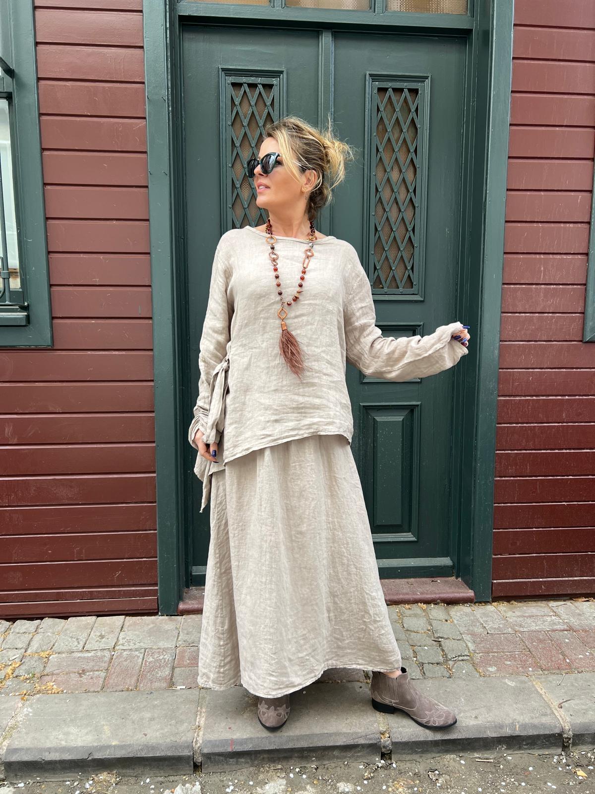 İthal Keten Elbise Bluz Takım