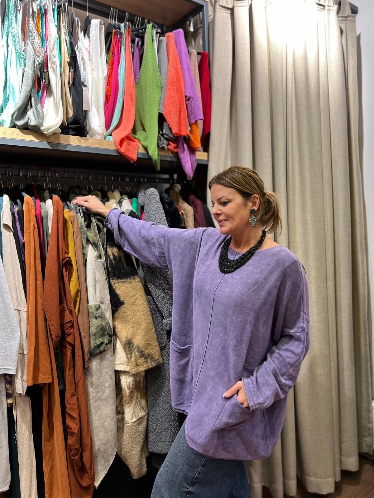 Mor Oversize Yıkamalı Tunik Triko