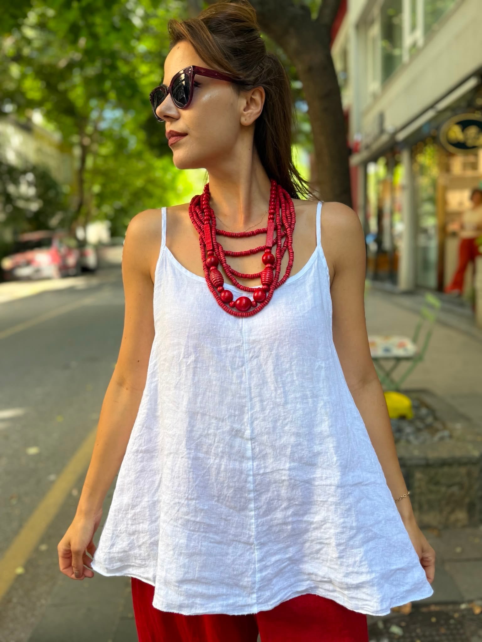 İthal Çan Model Askılı Keten Bluz