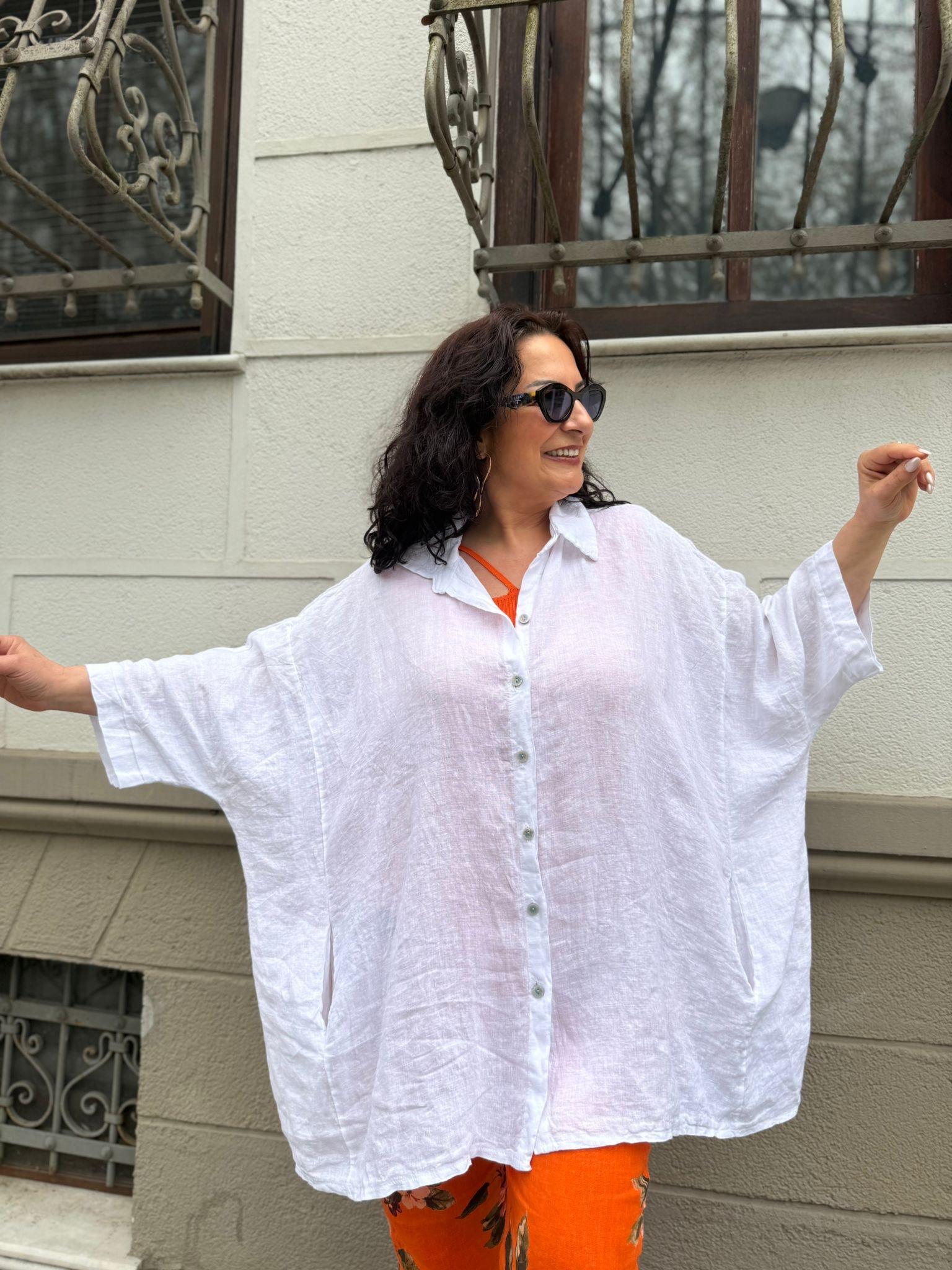 İthal Ham Keten Cepli Oversize Gömlek