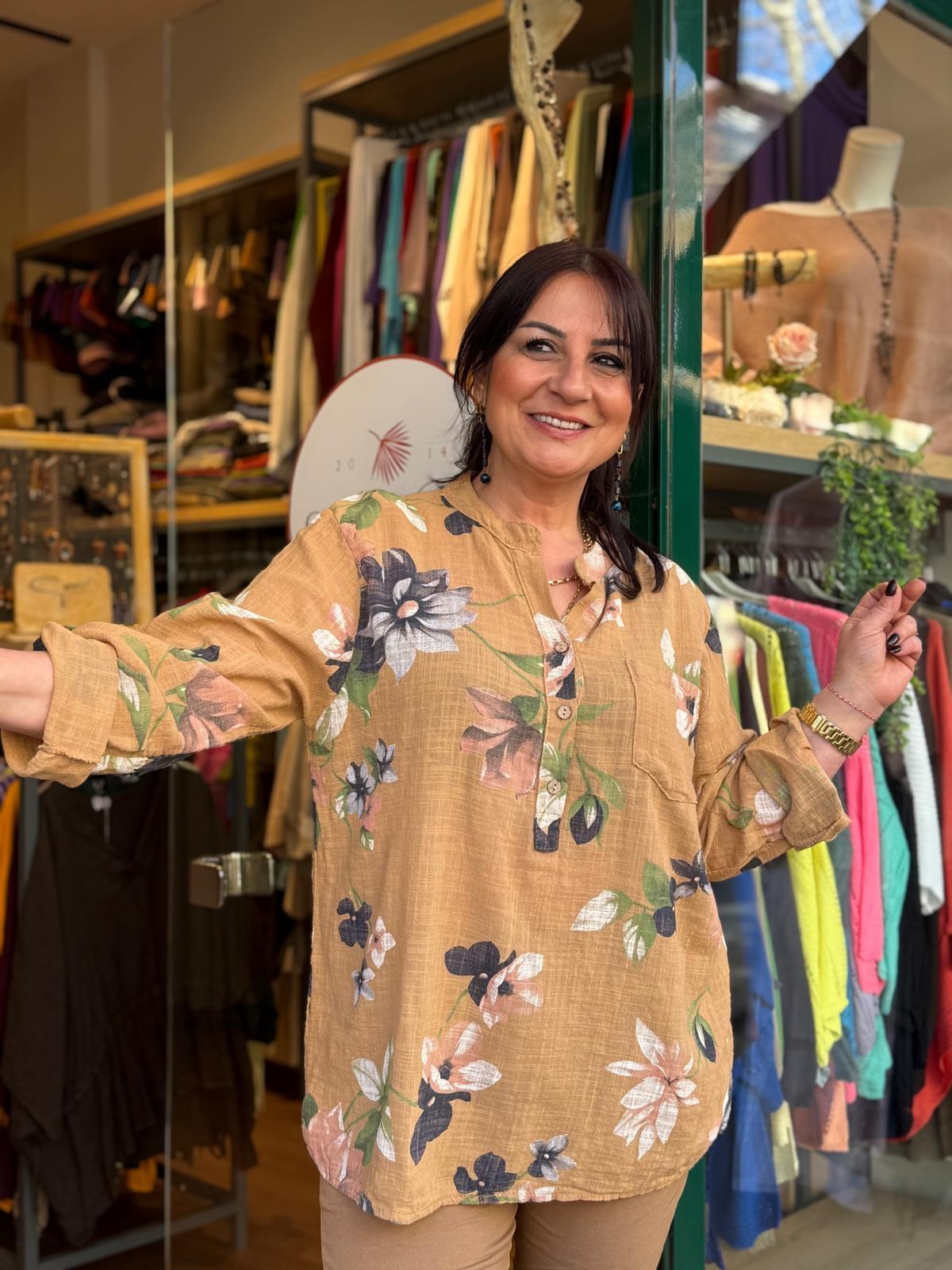 İthal Bahar Desenli Keten Gömlek