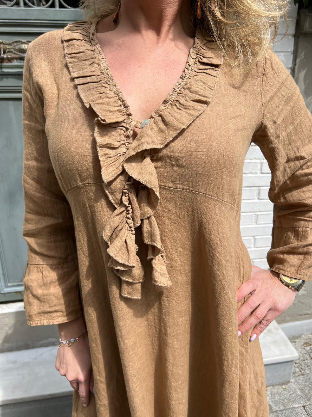 İthal Fırfırlı Keten Elbise