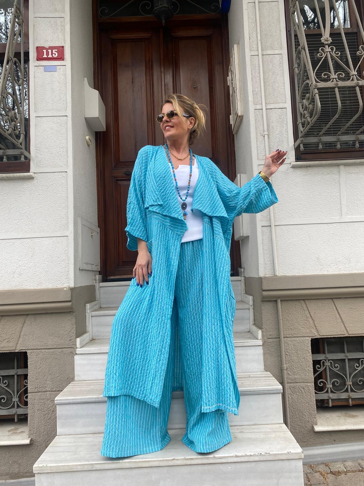 Çizgili Turkuaz Kap Ceket