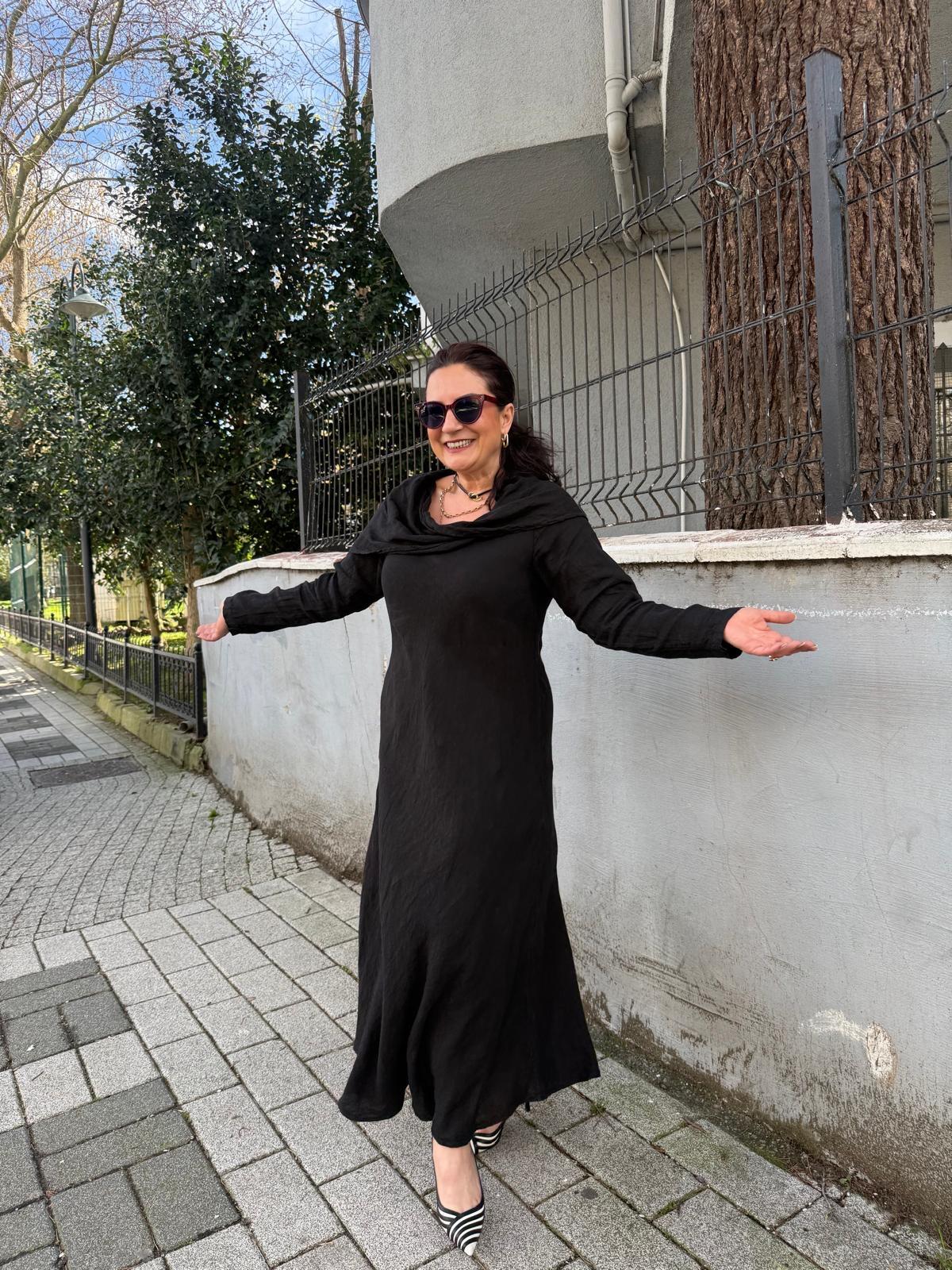 İthal Şal Yaka Keten Elbise