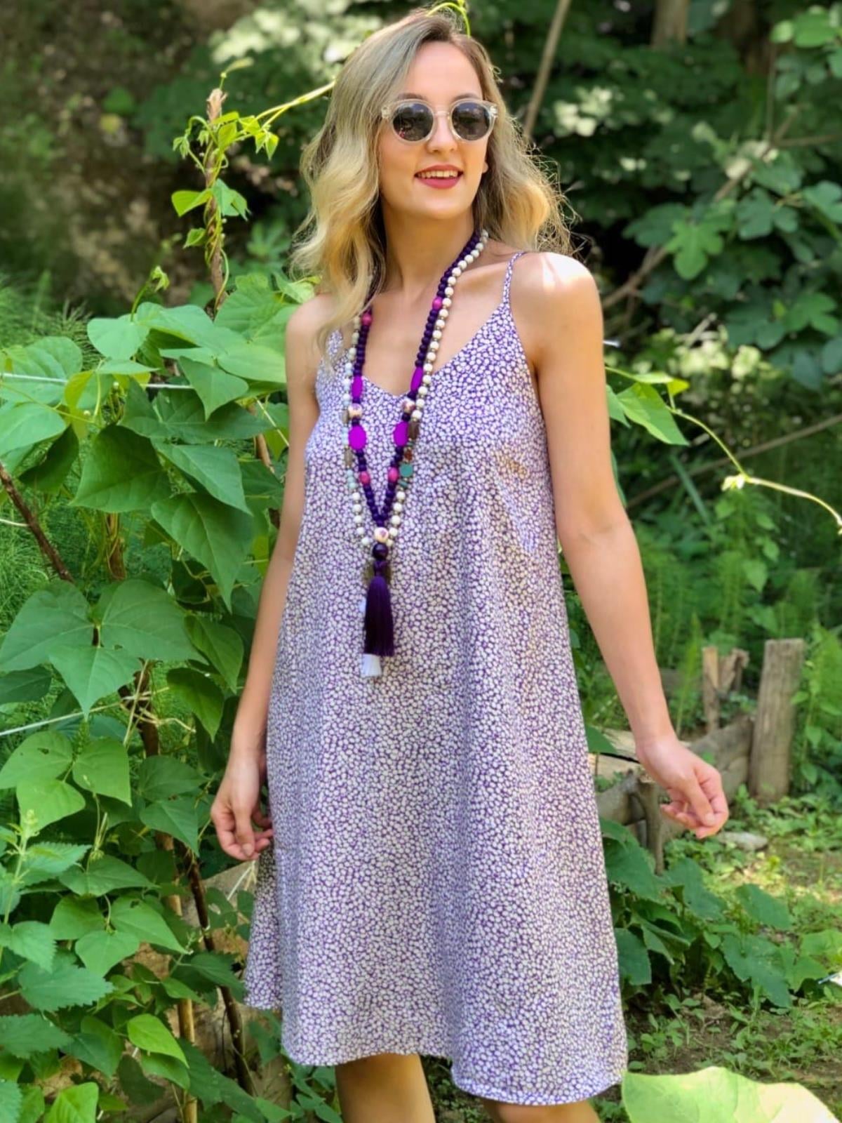 Çıtır Çiçekli Askılı Lila Elbise