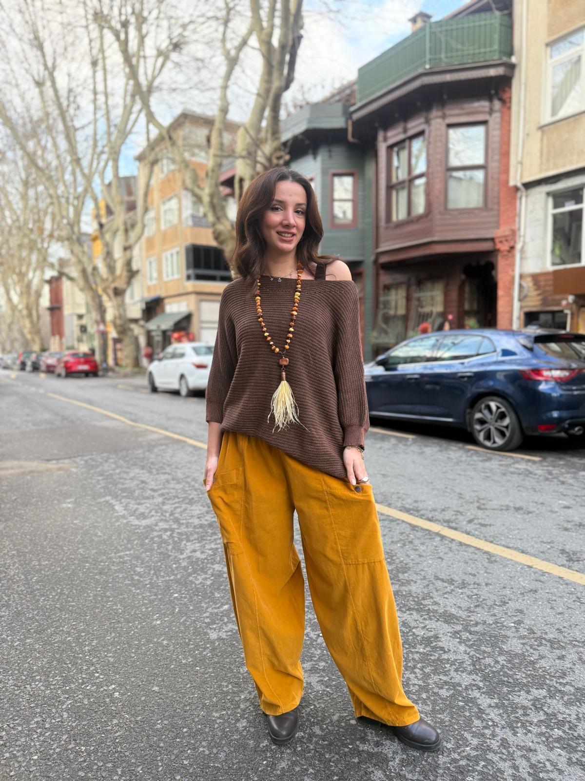 Hardal Oversize İthal Kadife Pantolon