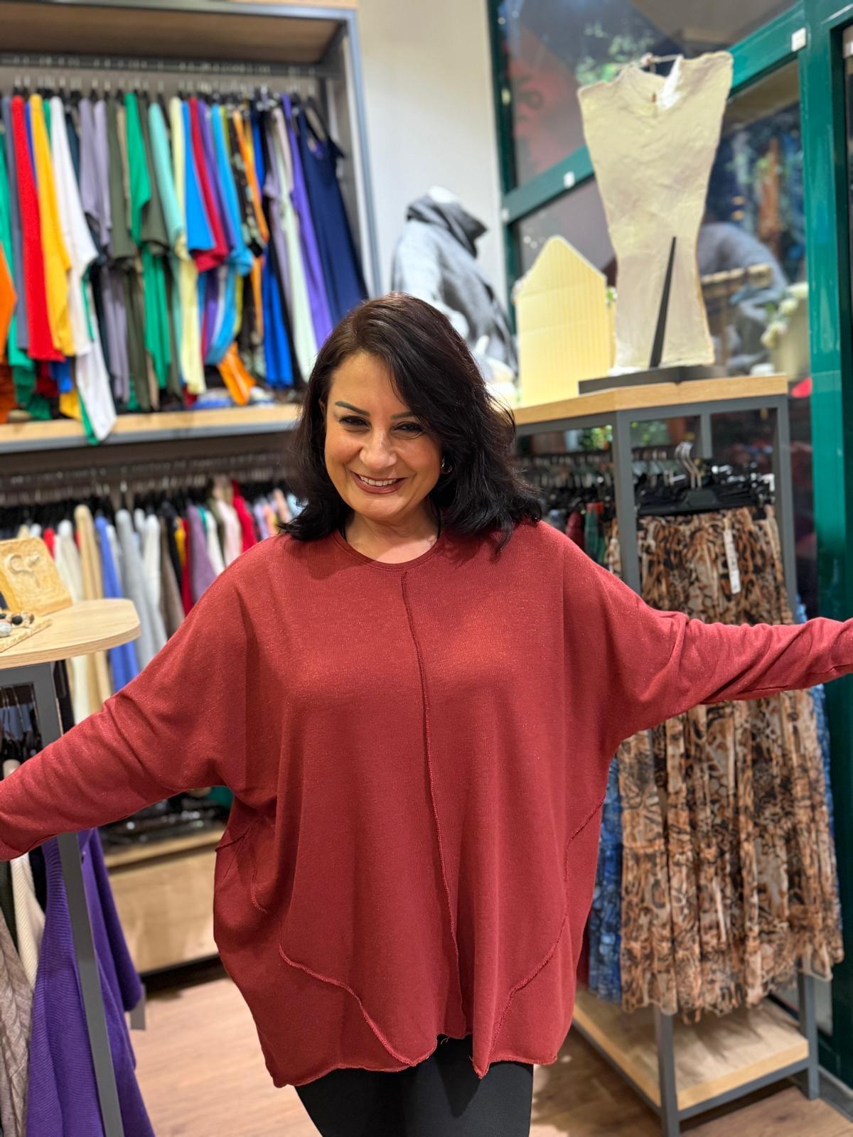 Bordo Ters Dikişli Oversize Simli Organik Bluz