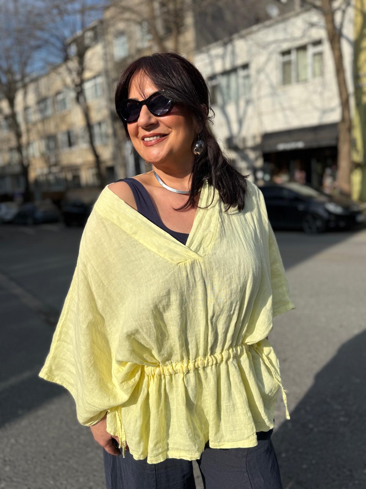 İthal Ham Keten V Yaka Yanı Bağcıklı Bluz