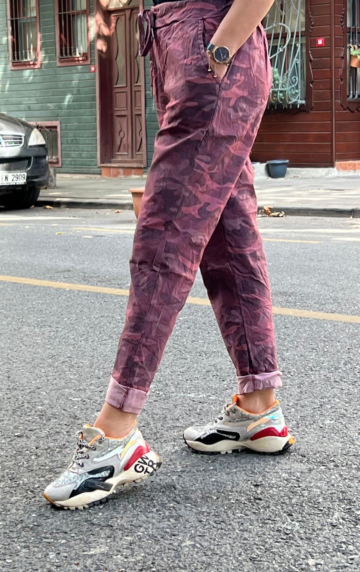 Bordo İthal Kamuflaj Likralı Pantolon