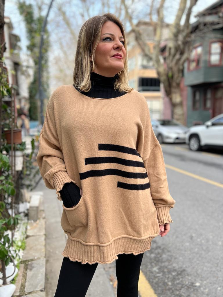 Camel Şerit Detay Oversize Kazak