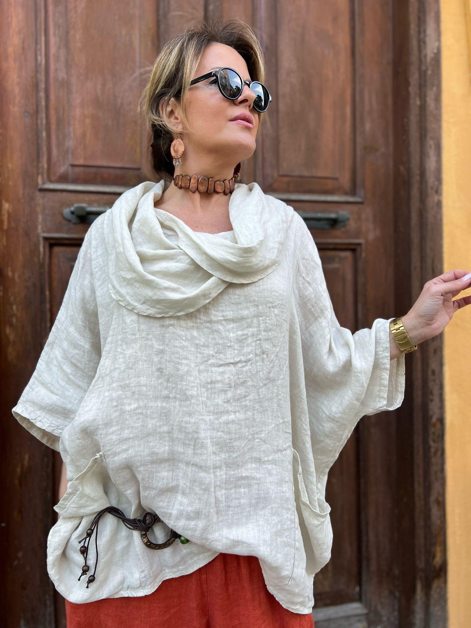 İthal Oversize Degaje Keten Bluz