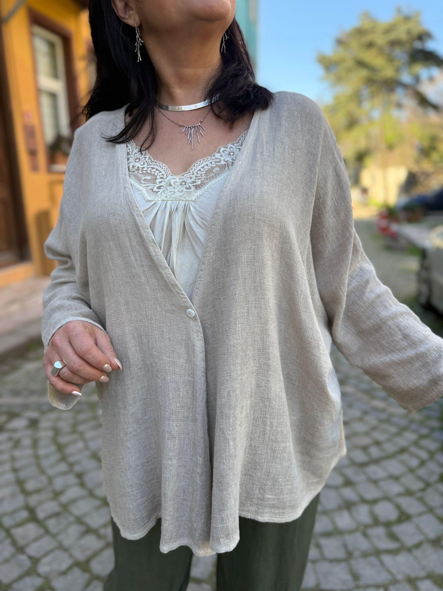 İthal Petek Dokulu Oversize Keten Ceket