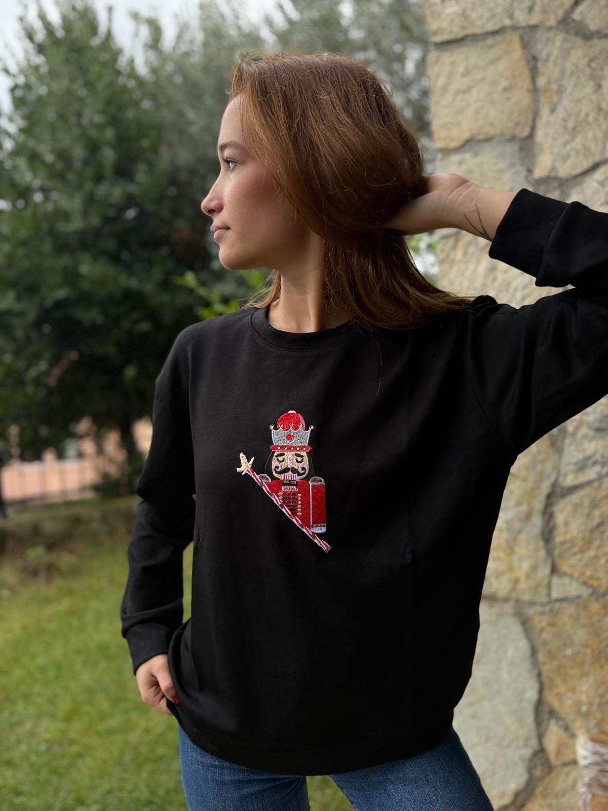 Nakışlı Taşlı Kurşun Asker Sweatshirt