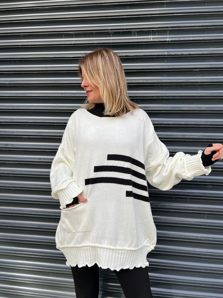 Ekru Şerit Detay Oversize Kazak