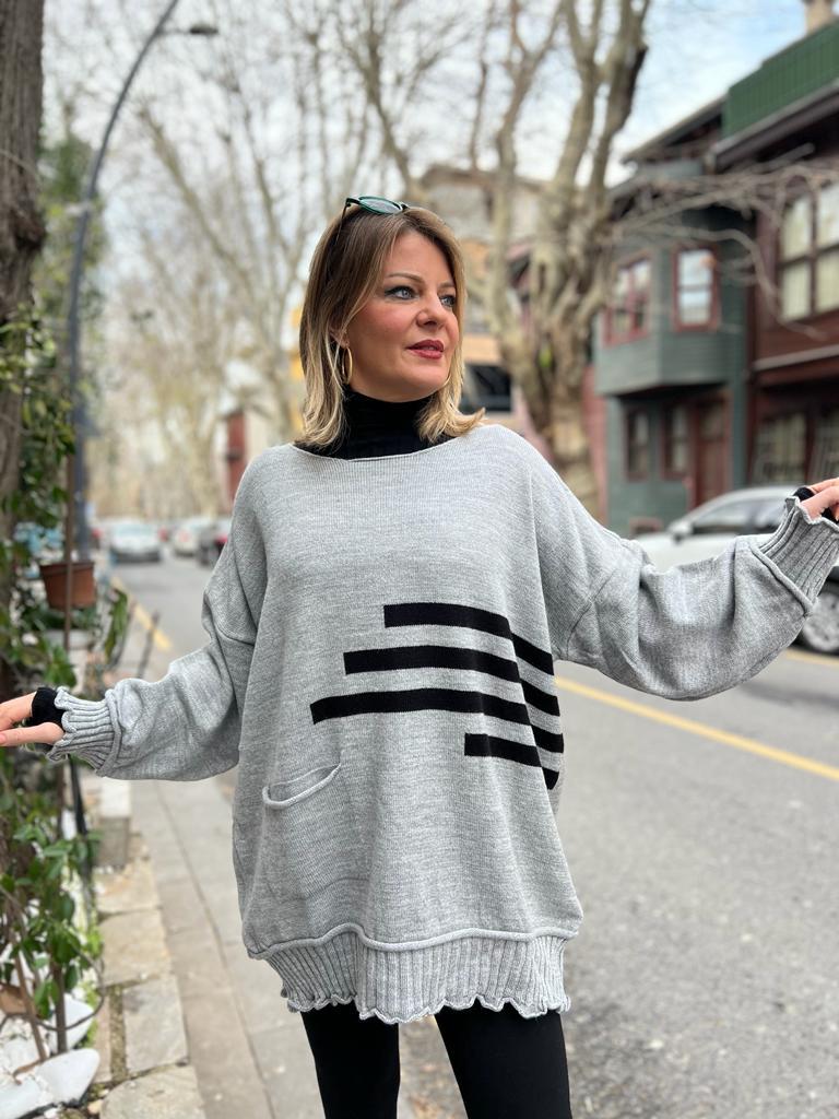 Gri Şerit Detay Oversize Kazak