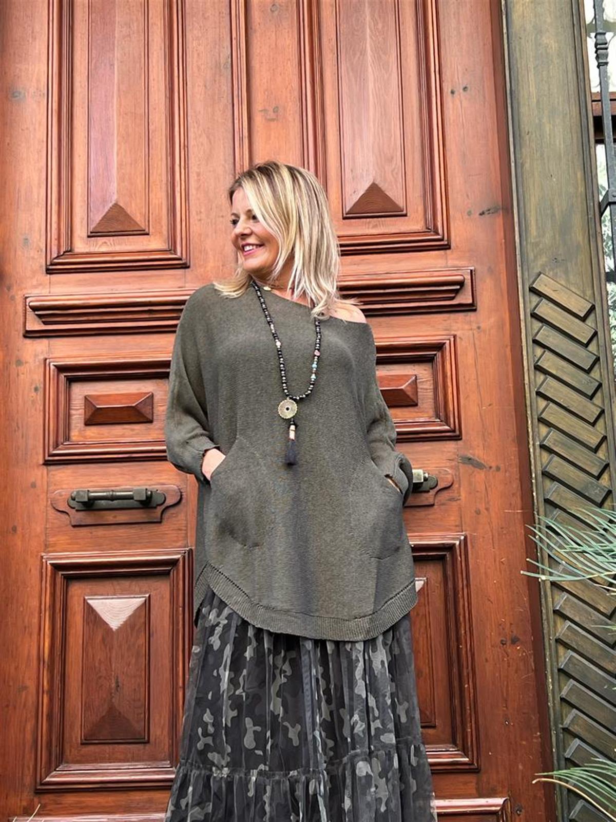 Haki Oval Kesim Yarasa kol Merserize Bluz