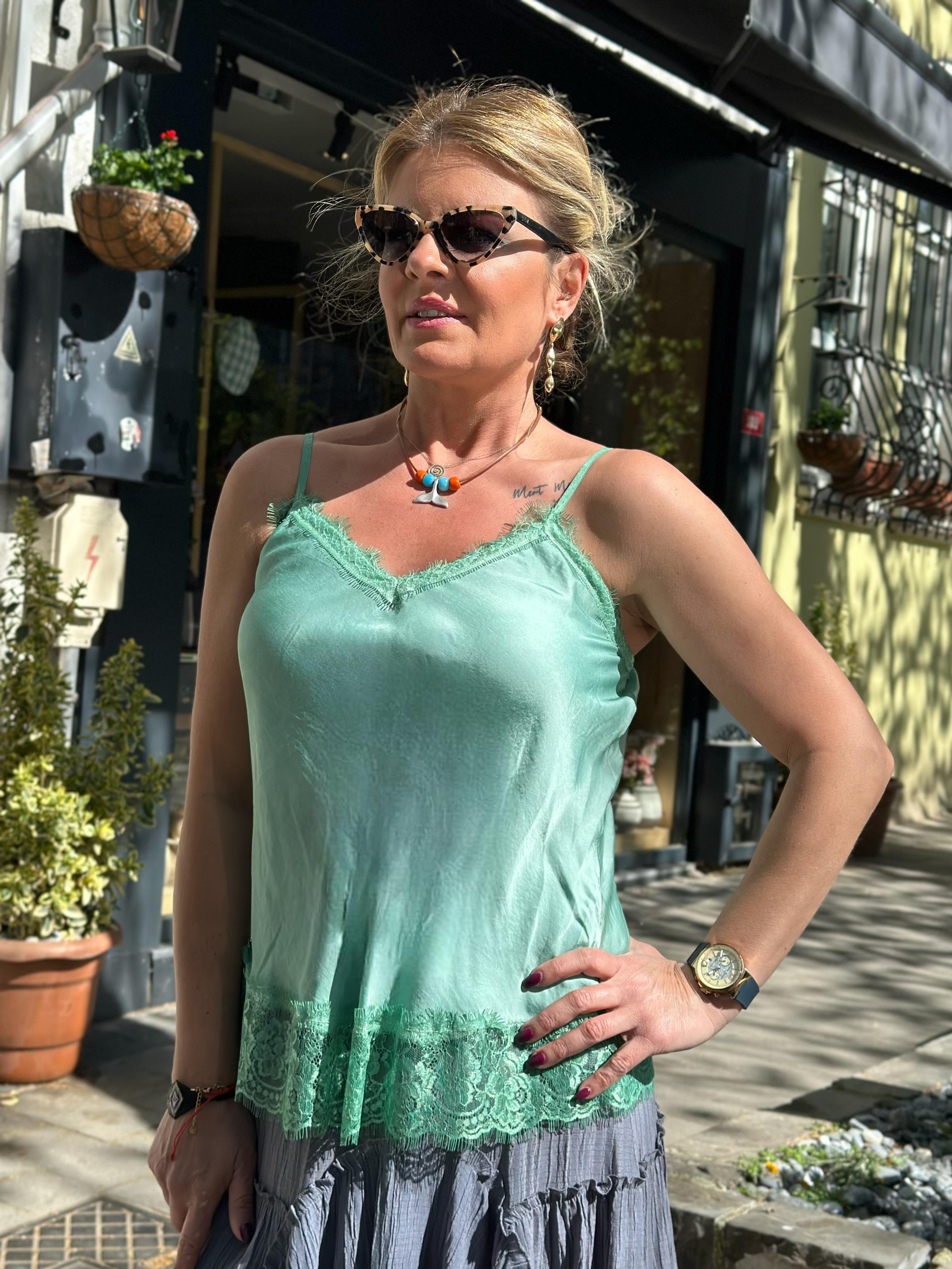 İp Askılı Dantelli İpek Bluz