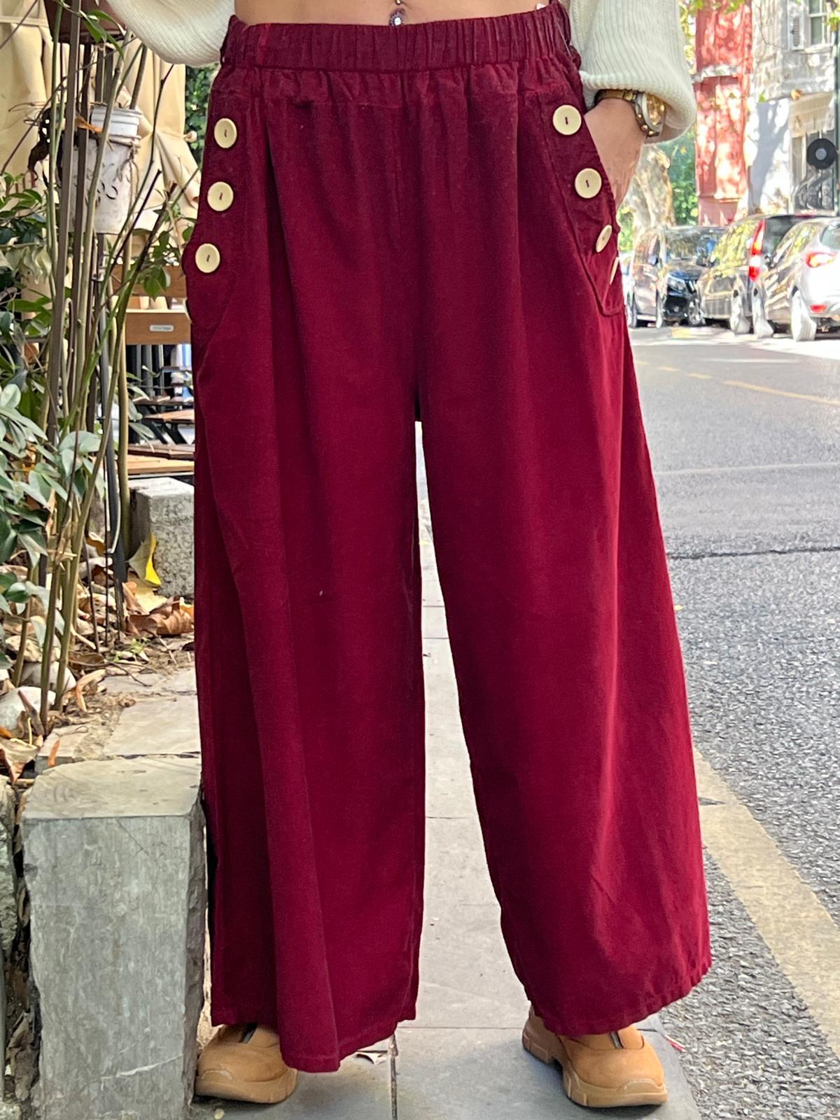 İthal Bol Paça Düğmeli Kadife Pantolon