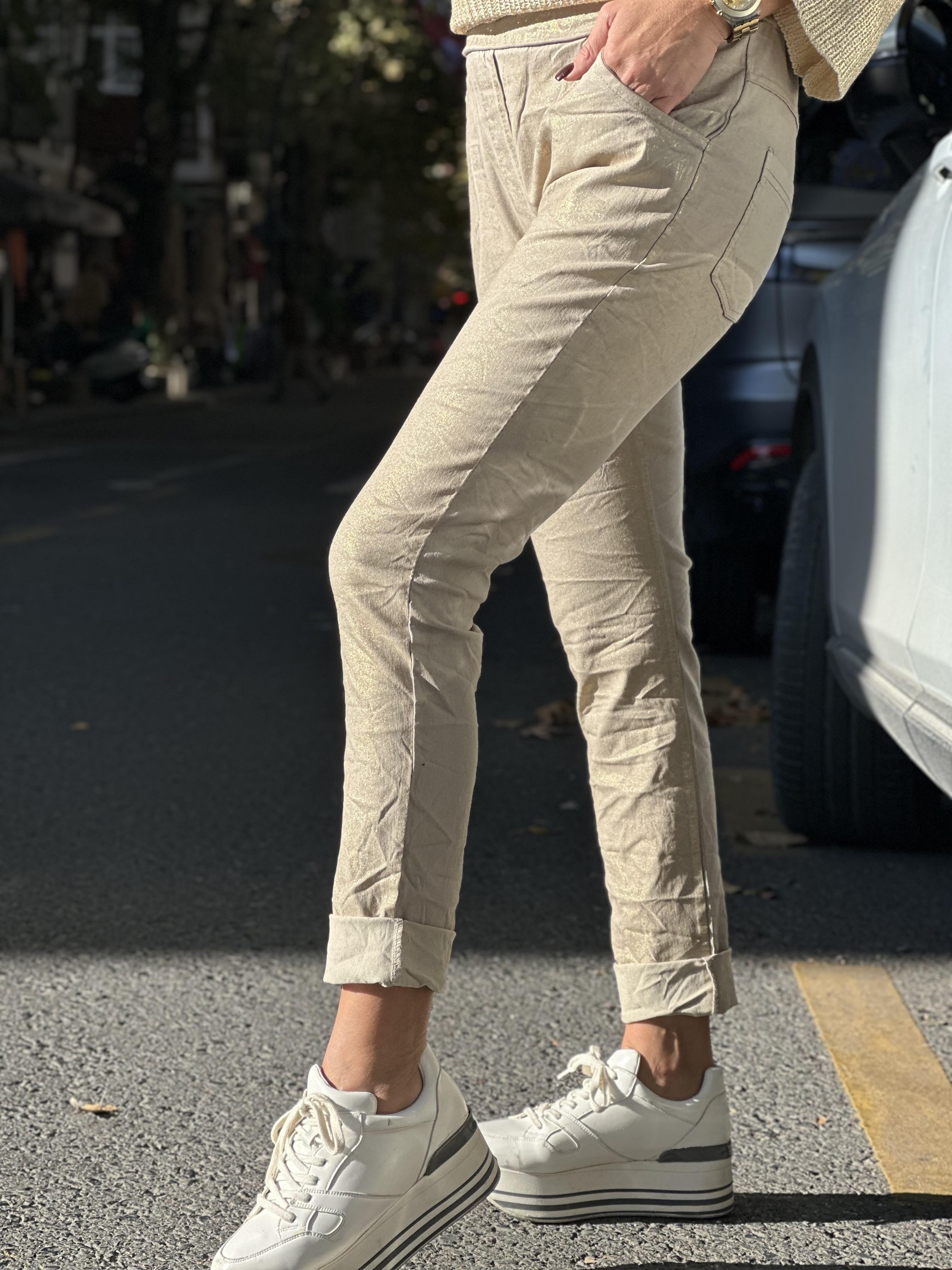 İthal Gold Varaklı Likralı Pantolon