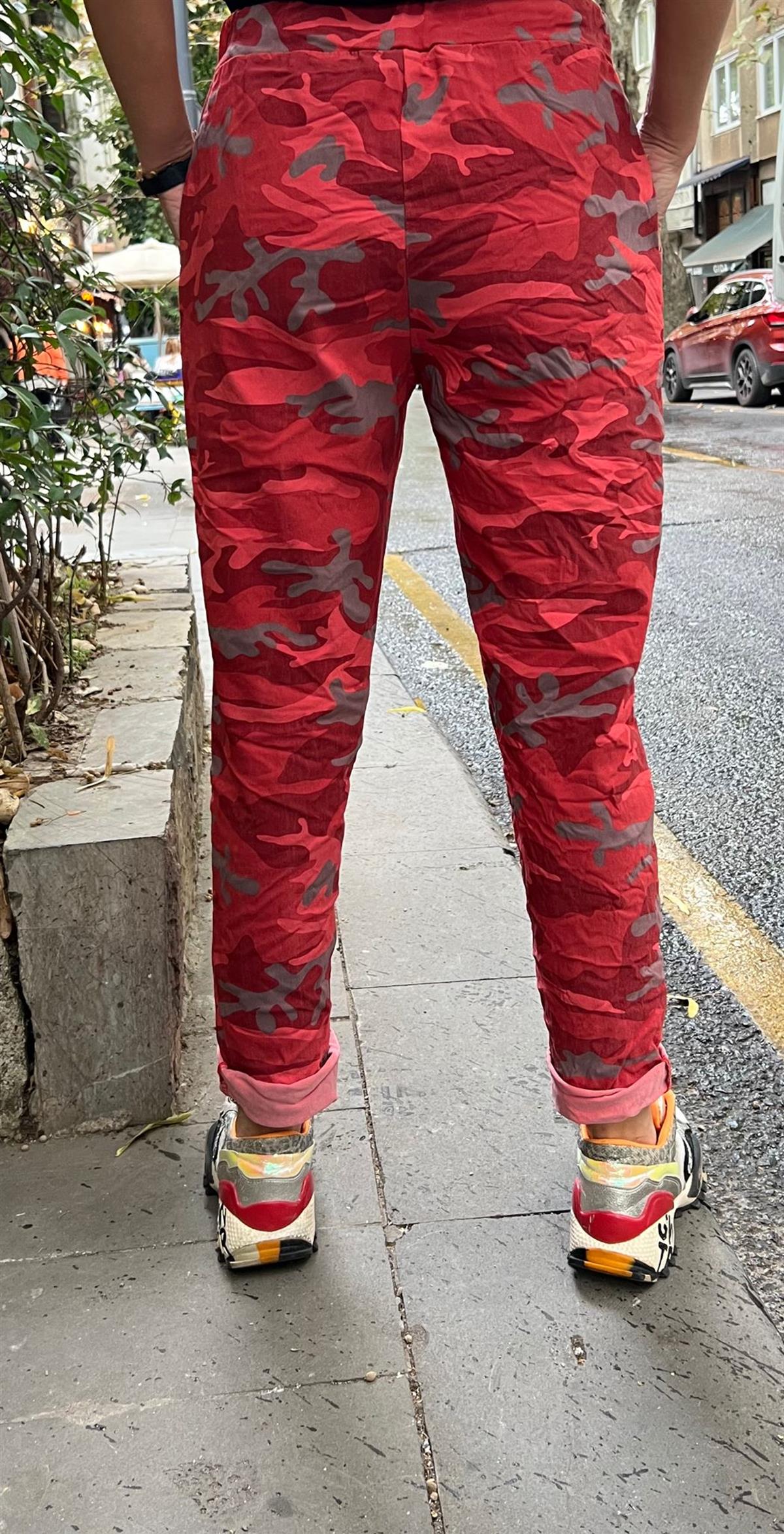 Kırmızı İthal Kamuflaj Likralı Pantolon