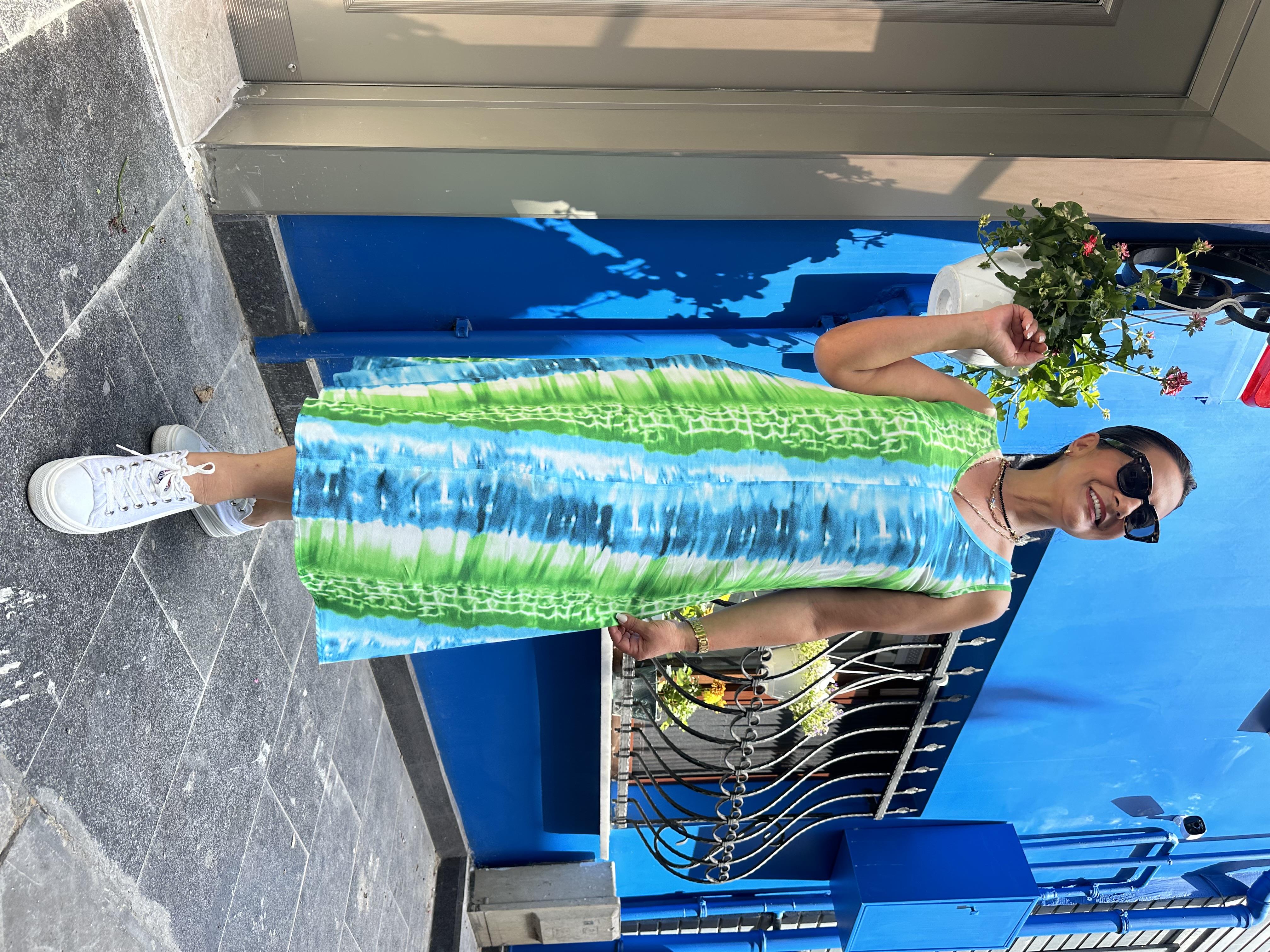 Mavi V Yaka Midi Boy Kolsuz Elbise