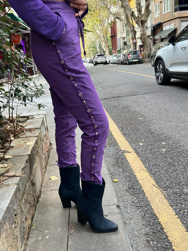 Mor Zımba Detaylı İthal Likralı Pantolon