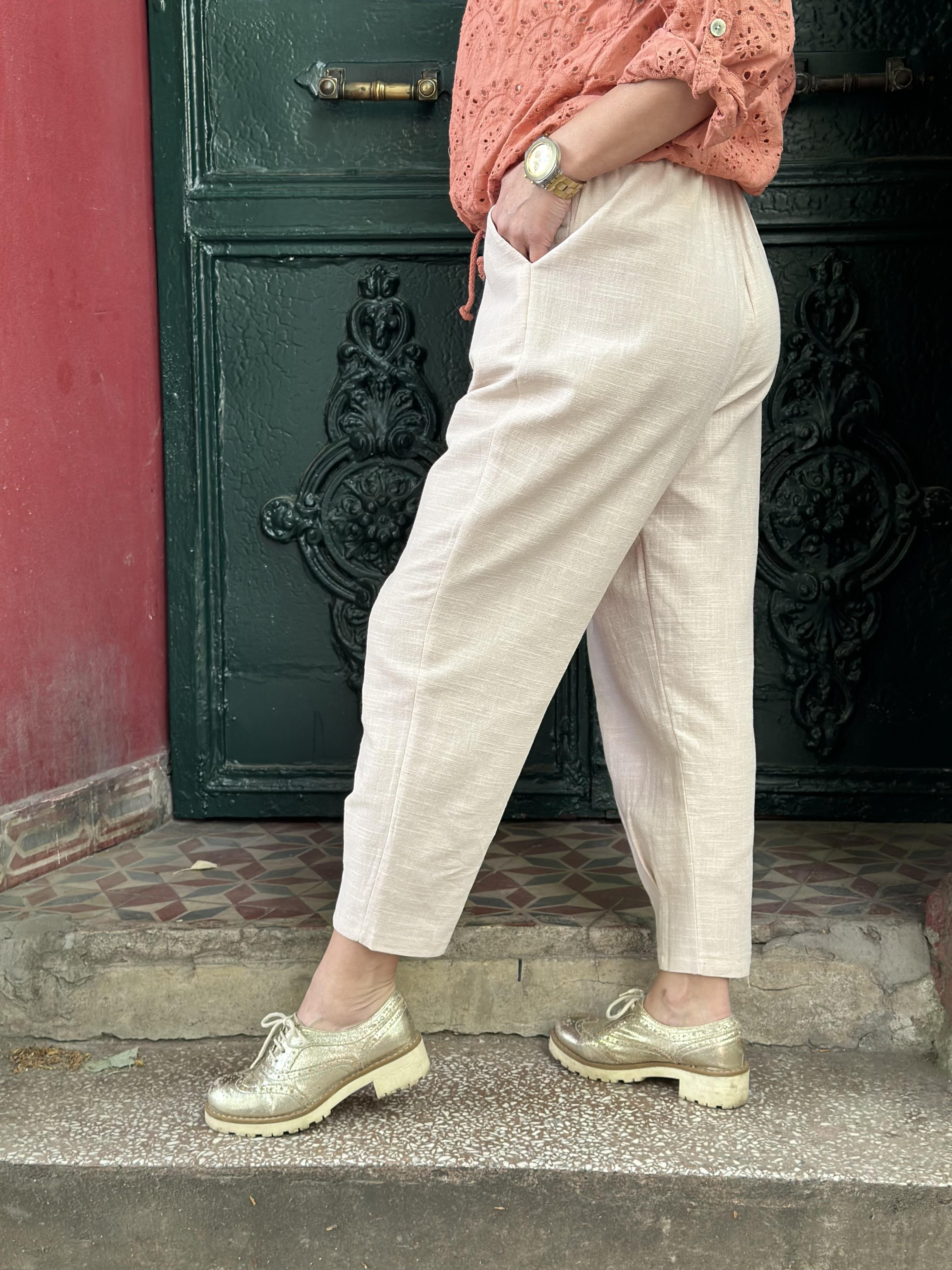 Paçası Pileli Keten Pantolon