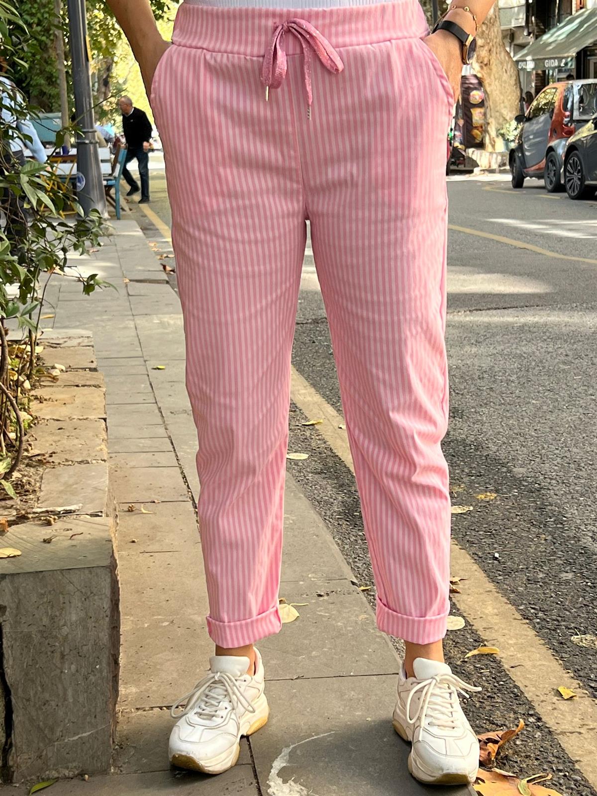 Pembe Çizgili Likralı Pantolon