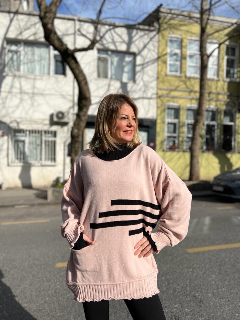 Pudra Şerit Detay Oversize Kazak