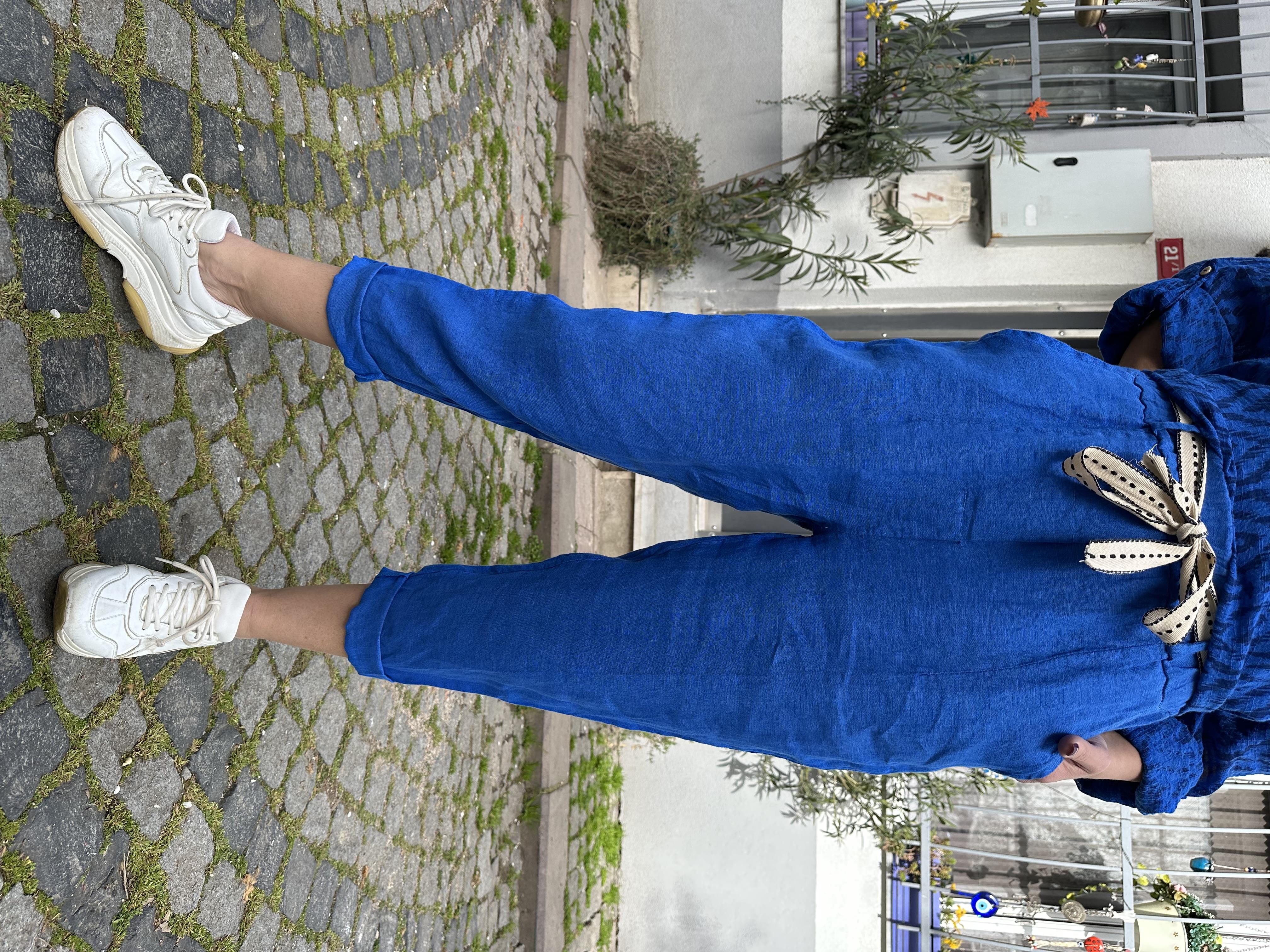 Saks Kemerli Keten Pantolon