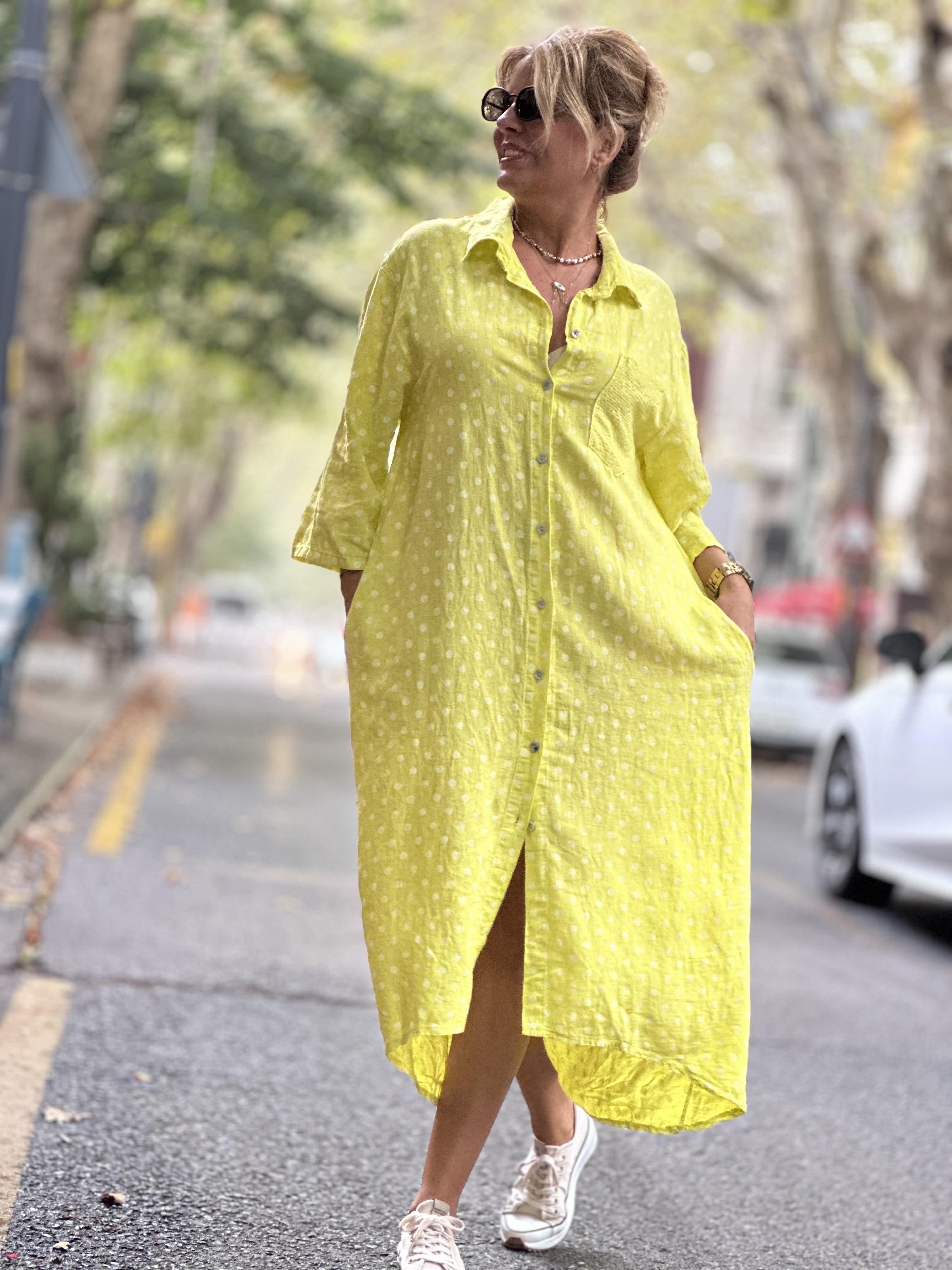 Sarı İthal Puantiyeli Keten Elbise