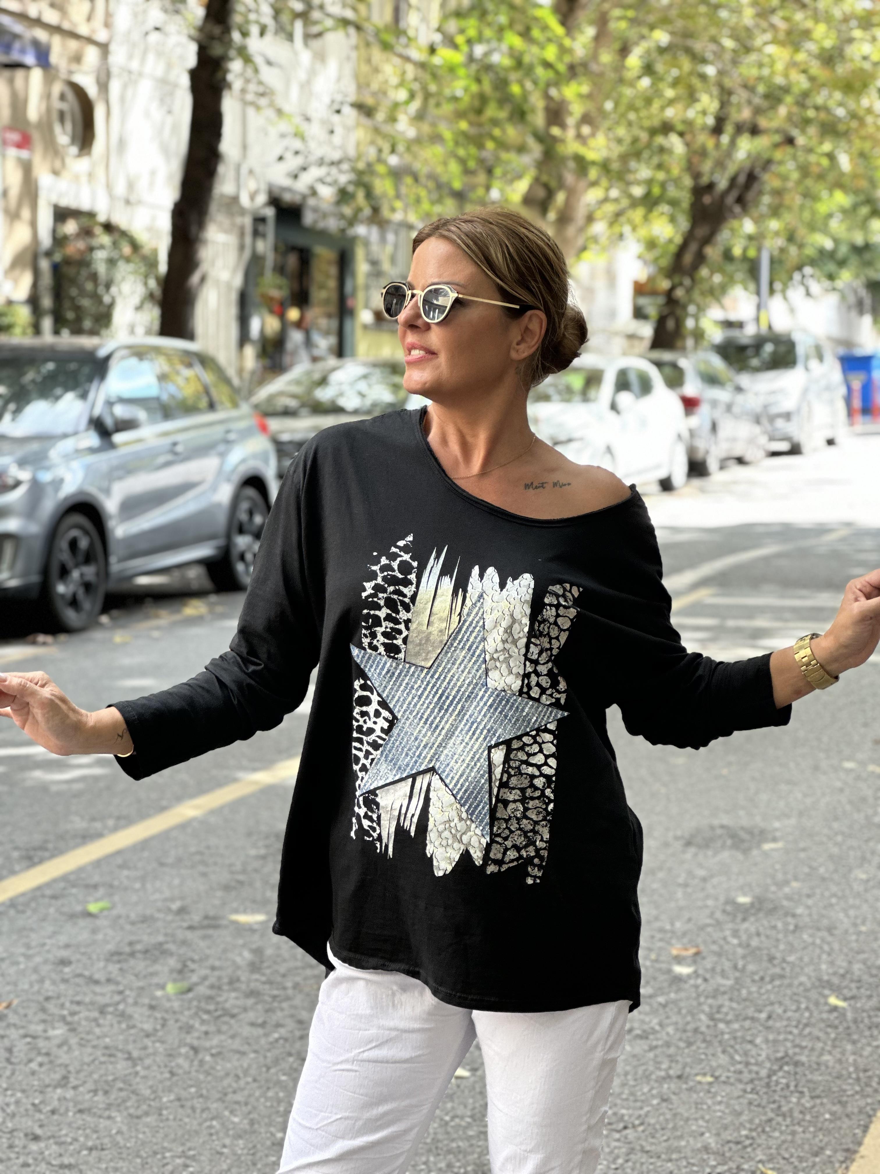 Sırtı Pamuklu Dantel Yıldız Payetli Bluz